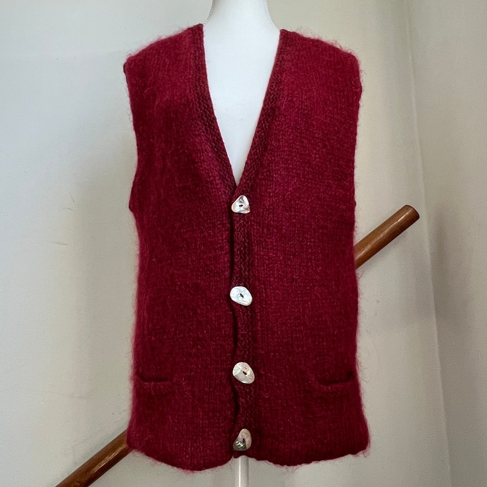 Vintage Burgundy Wool Cardigan Sweater Vest Luxury Knit Shell Buttons Modernist - Picture 9 of 10